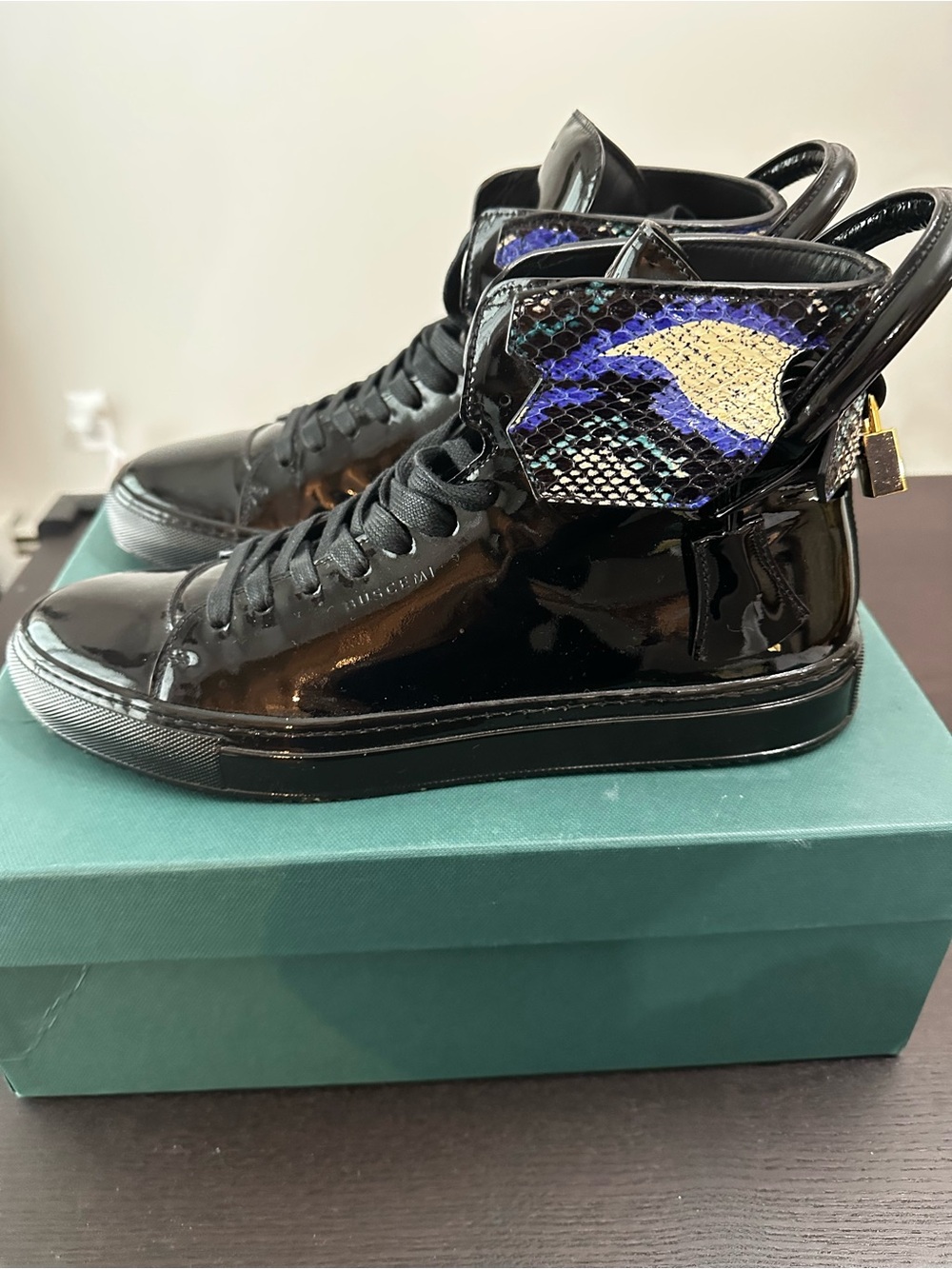 Buscemi Black Patent Leather High-Top Sneakers with Blue and Gold Accent